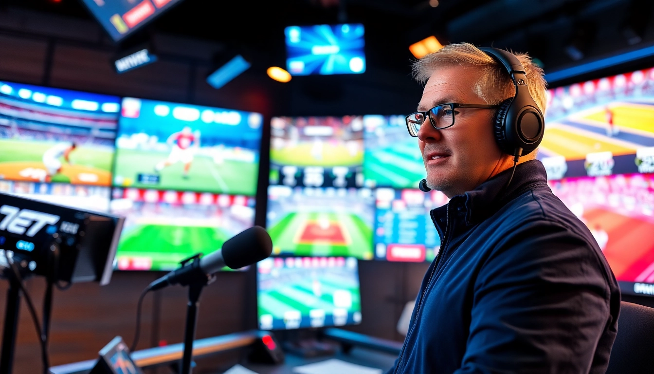 Engaging sports broadcasting studio with an analyst presenting live updates, highlighting dynamic sports events.