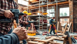 Cantiere dinamico con utensili edilizia in uso, che mostra lavoratori qualificati e strumenti di alta qualità.