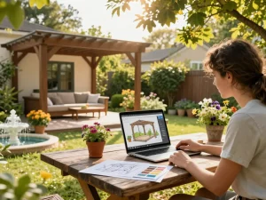 Creating a configuratore 3D per pergole in a serene garden, showcasing a personalized outdoor living space.