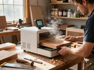 Trattamento microonde antitarlo efficace in un ambiente di laboratorio casalingo, evidenziando il trattamento dei mobili in legno infestati da parassiti.