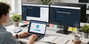 Setting up Telegram Chinese interface on a laptop in a modern workspace