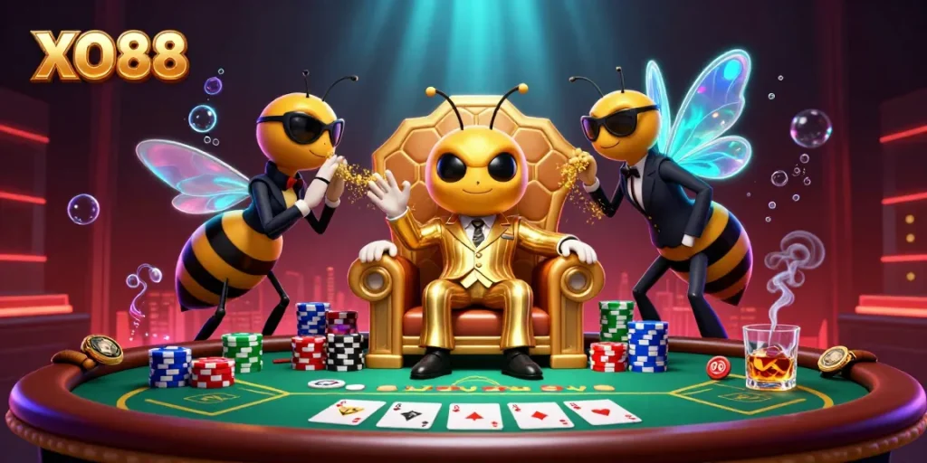 Engage with the thrilling XO88 casino scene featuring a bumblebee mob boss and poker elements.