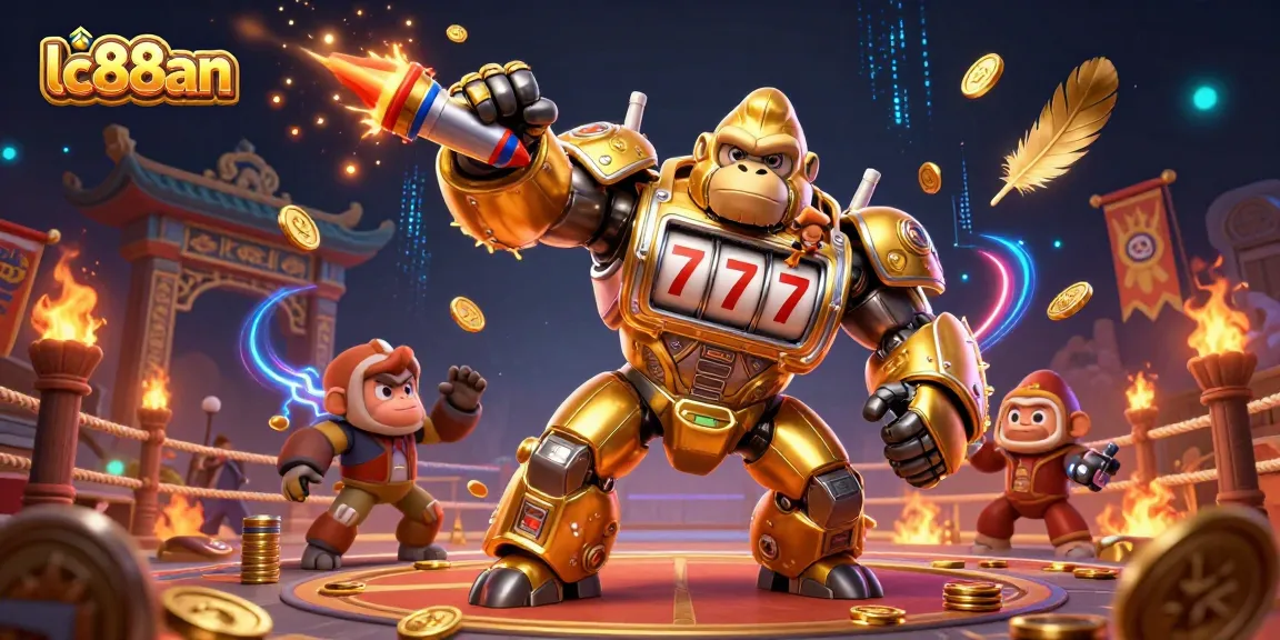 Engage with LC88AN's thrilling 3D casino experience featuring action-packed slot machines and gold coins.
