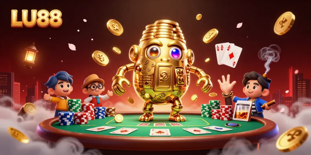 Play at LU88 and win big with a dynamic golden golem surrounded by poker elements.