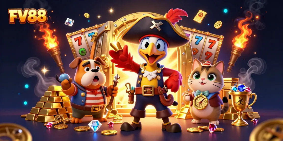 Experience the excitement of FV88 with this vibrant 3D illustration filled with treasure and casino action.