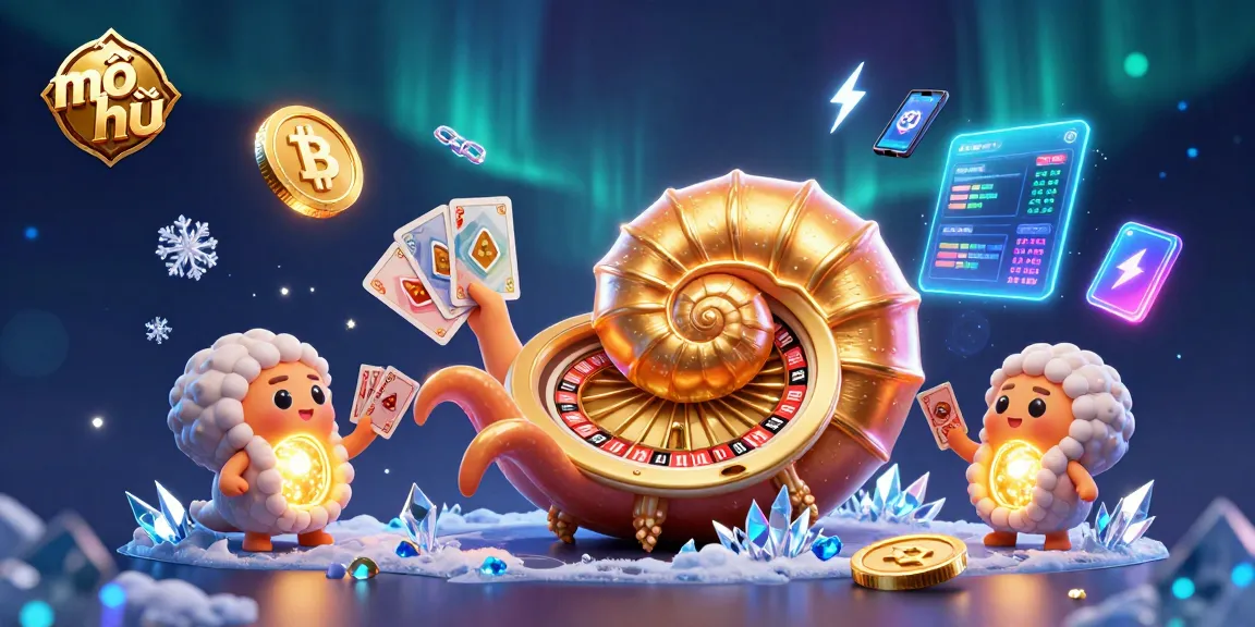 Spin the nổ hũ jackpot with 3D nautilus holding cards amidst glowing crypto coins.