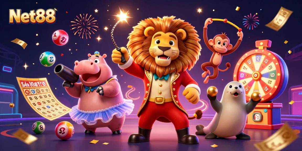 Engage with Net88's vibrant 3D casino scene featuring playful characters and dynamic gaming elements.