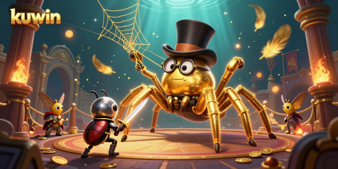Kuwin captivates with a vibrant scene of a golden tarantula and beetle knight among dazzling casino elements.