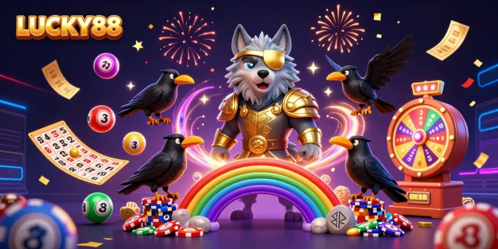 LUCKY88 celebrates wins with vibrant Norse characters and casino elements in dynamic illustration.