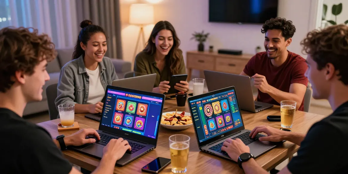 Players enjoying Slotrave casino games in a lively home environment, reflecting a fun and engaging atmosphere.