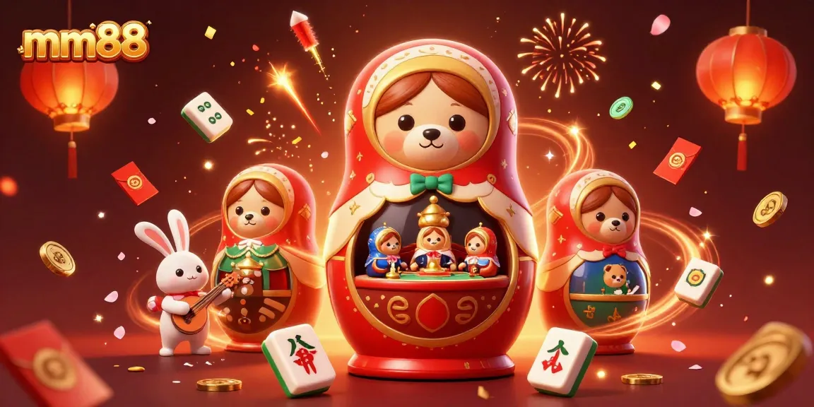 Engage in thrilling gameplay at mm88 with a vibrant 3D casino scene featuring Russian bears and festive elements.