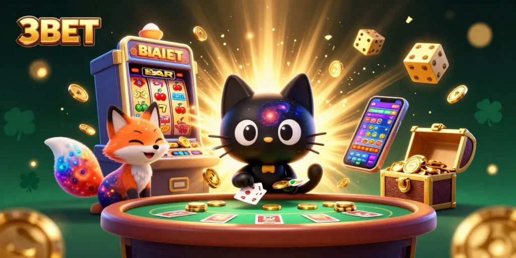 Experience the cosmic excitement of 3BET with a black hole cat and colorful casino elements in stunning detail.