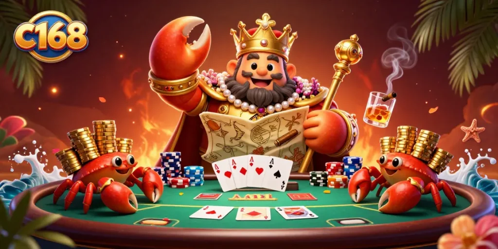 Experience the vibrant thrill of c168's gaming world with a golden crab emperor overseeing the action.