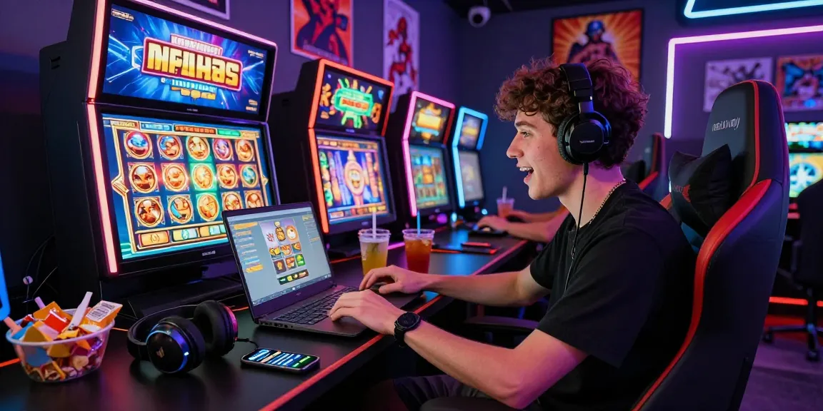 Engaged player enjoying rokok88 slot on laptop, surrounded by vibrant gaming lights and snacks.