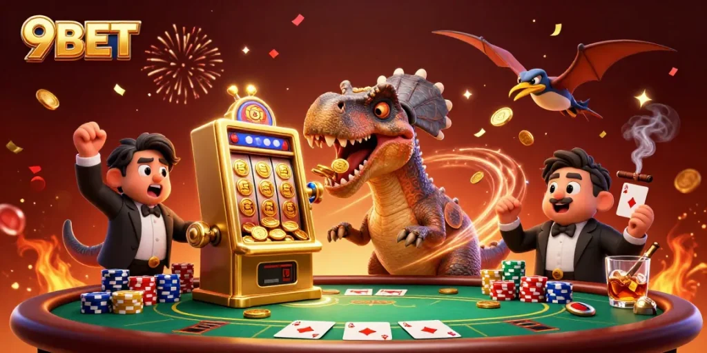 9BET showcases a dynamic casino scene with a pachycephalosaurus winning jackpot coins and vibrant casino elements.