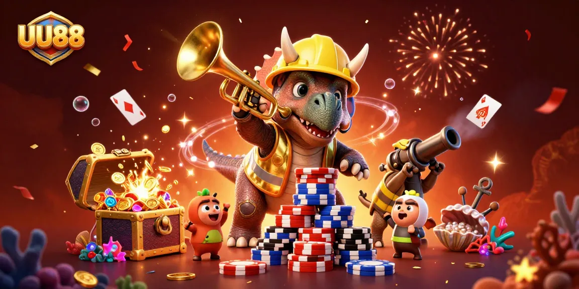 Celebrate UU88's exciting gaming experience with a vibrant 3D illustration featuring unique characters and dynamic casino elements.