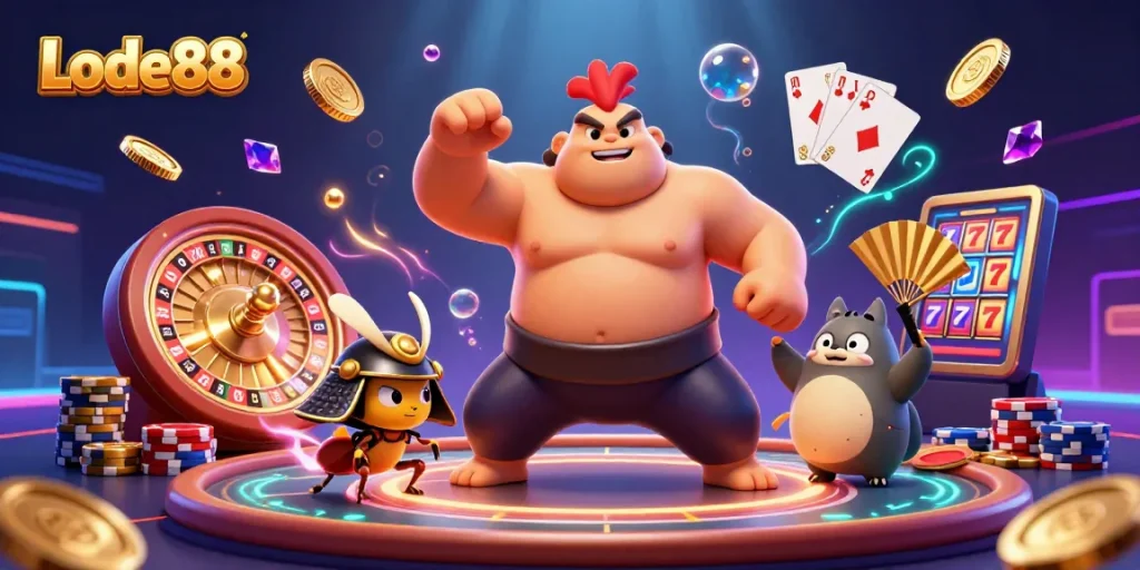 Lode88 presents an exciting casino scene featuring a powerful sumo rooster and dynamic game elements.