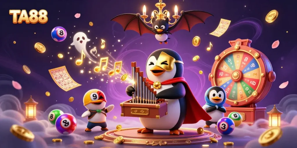 Join the excitement of TA88 with colorful lottery elements and a dazzling casino scene.