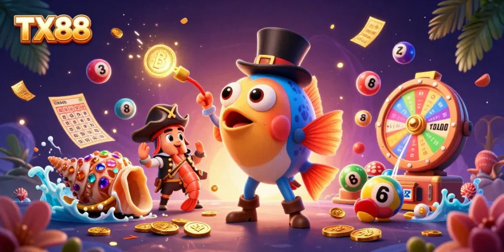 Engage with TX88 through vibrant 3D illustration, detailing a playful casino atmosphere full of energy.