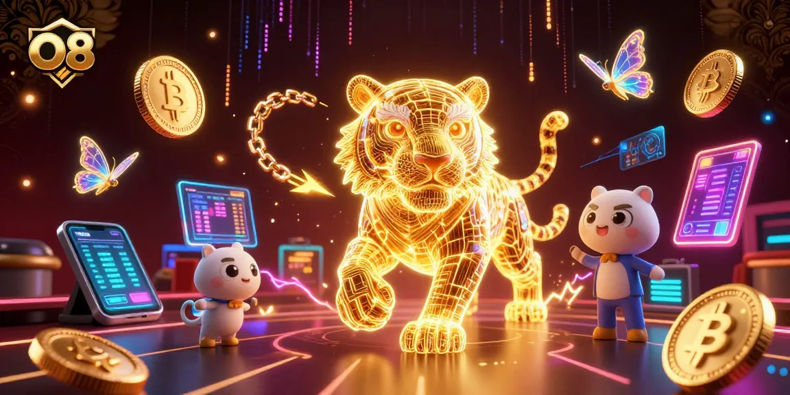 Experience O8 gaming adventures in a dynamic digital casino with neon elements and cryptocurrency themes.