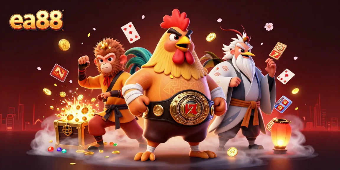 ea88 showcases vibrant casino action with a rooster, monkey, and crane, surrounded by dynamic gaming elements