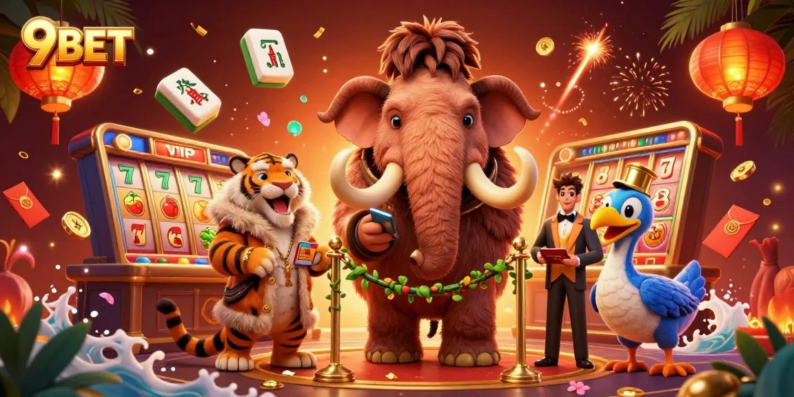 Engage with 9BET featuring a vivid illustration of a woolly mammoth bouncer welcoming players, among dazzling casino elements.