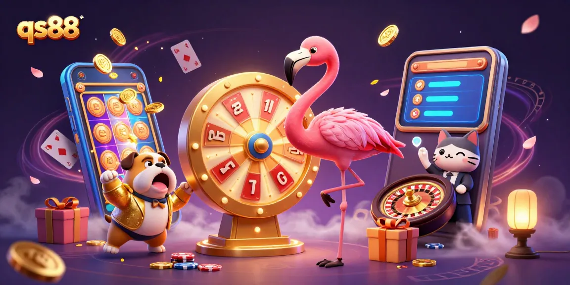 Experience qs88's exciting gaming atmosphere with animated characters and vibrant casino elements.