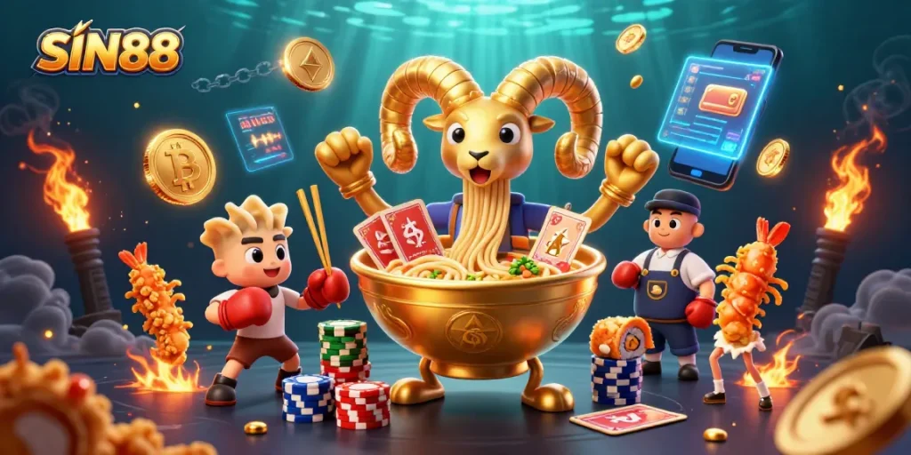 Engage in thrilling gaming at SIN88, showcasing a vibrant casino scene with animated characters and crypto elements.