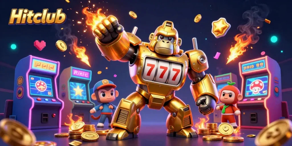 Experience thrilling gameplay at Hitclub with a golden gorilla mech amidst colorful arcade elements.