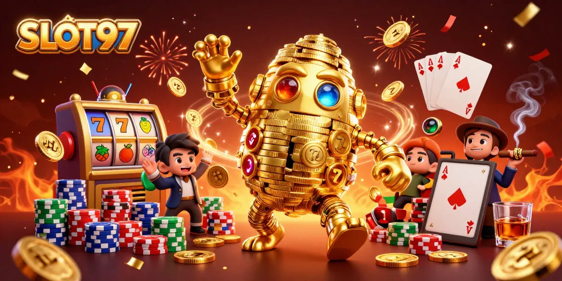 SLOT97 enhances your gameplay with vibrant slot machine symbols and golden golem characters.
