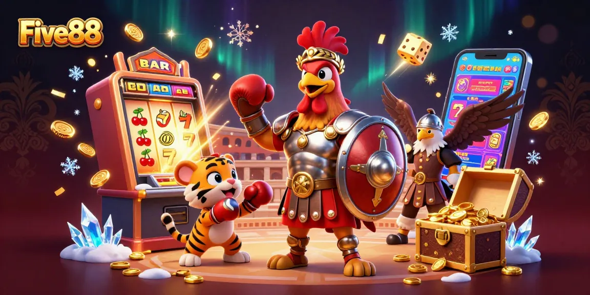 Experience thrilling wins at Five88 with dynamic casino action featuring a gladiator rooster and exciting slot elements.