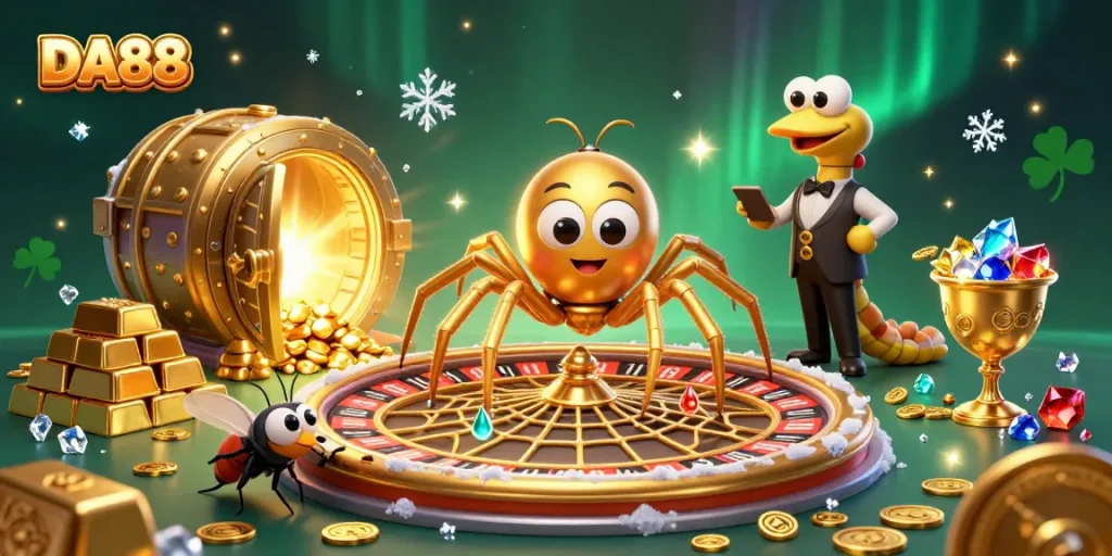 Experience DA88's thrilling roulette wheel scene with golden spider and centipede croupier.