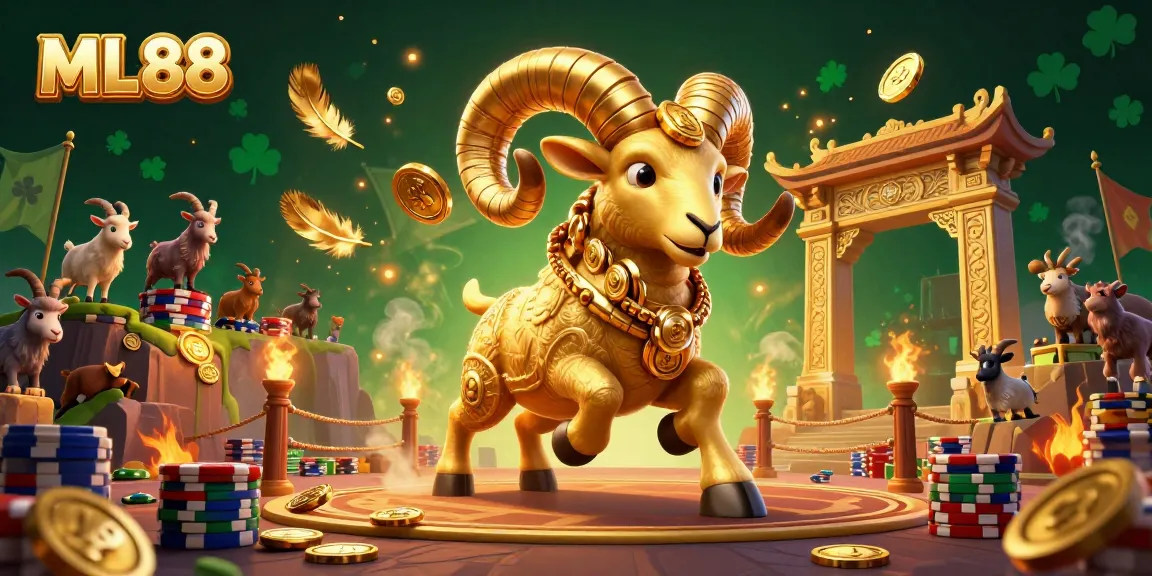 ML88 showcases a vibrant 3D casino scene with a golden ram charging through a gateway, surrounded by chips and festive decor.