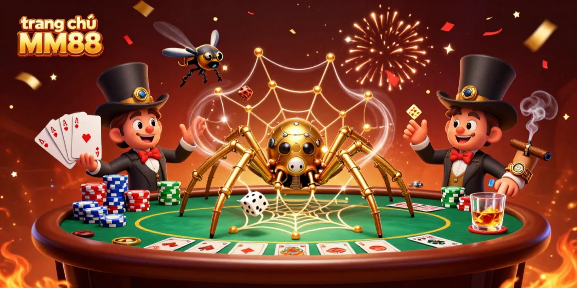 Engage with the fun atmosphere of trang chủ MM88 with a colorful 3D casino scene featuring poker elements.