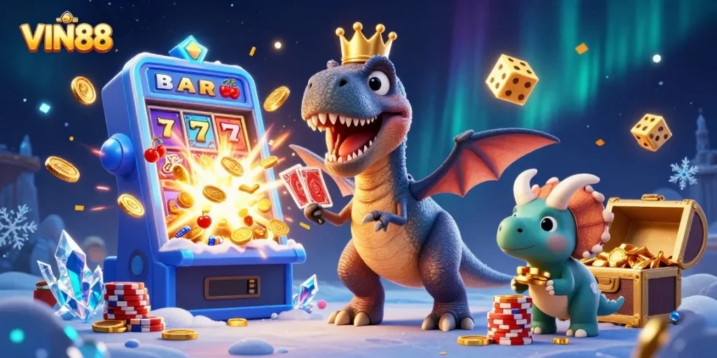 VIN88 showcases a lively 3D scene with a T-Rex and a pterodactyl engaged in card gameplay amidst colorful slots.