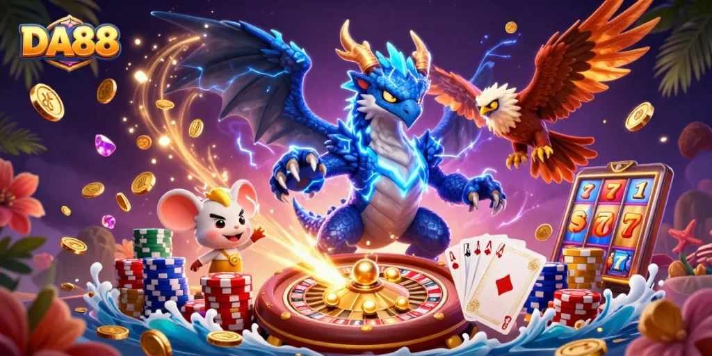 Join the thrilling action at DA88 with a cartoon dragon, hawk, and thunder mouse amidst casino excitement.