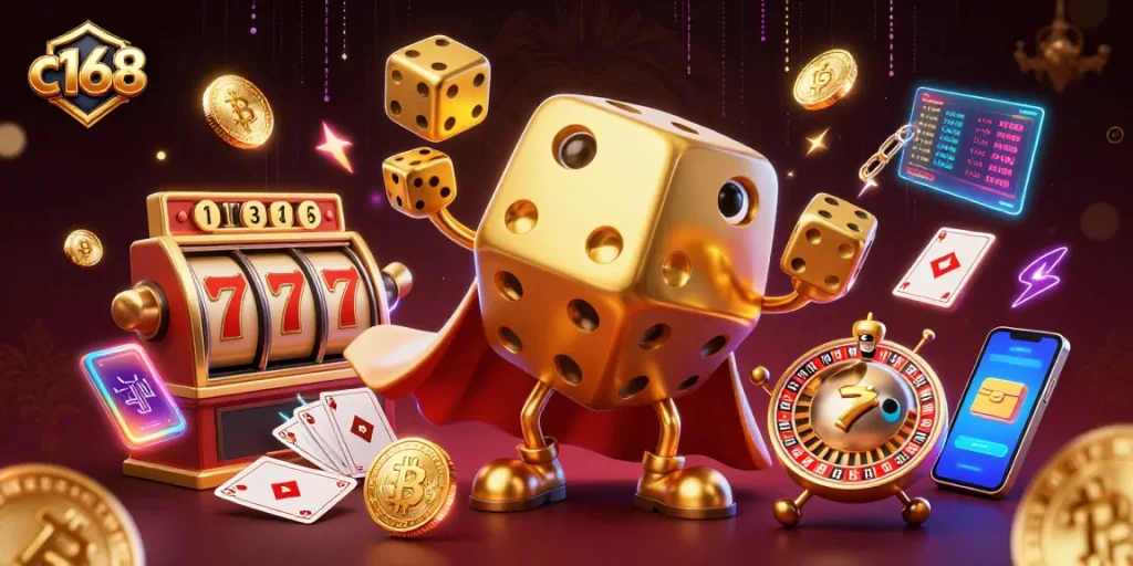Experience the excitement of c168 with dynamic 3D casino elements, golden dice, and slots.