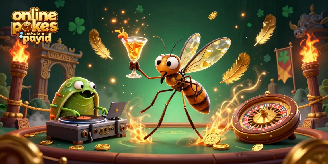 Engage with online pokies Australia PayID through a vibrant, dynamic casino illustration featuring unique characters.