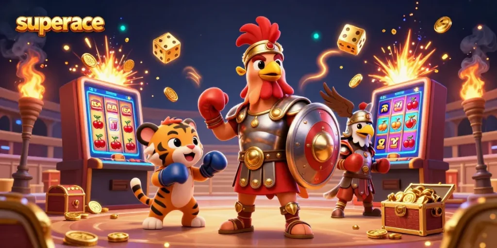 Experience the thrill at superace with a vibrant 3D illustration showcasing dynamic casino elements and characters.