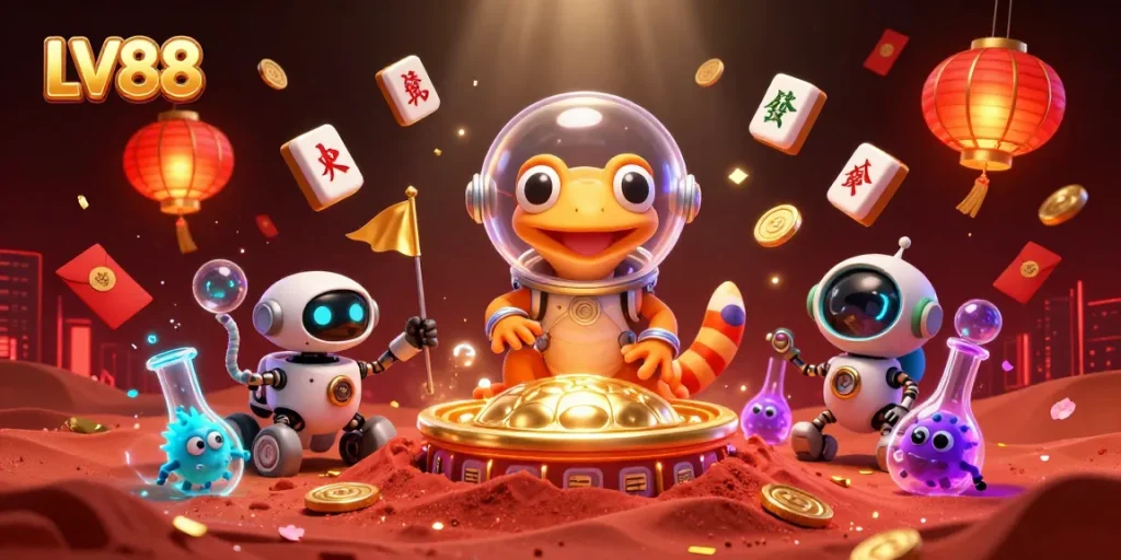 Feel the excitement at LV88 as a Martian gecko explores a golden casino amidst thrilling casino elements.