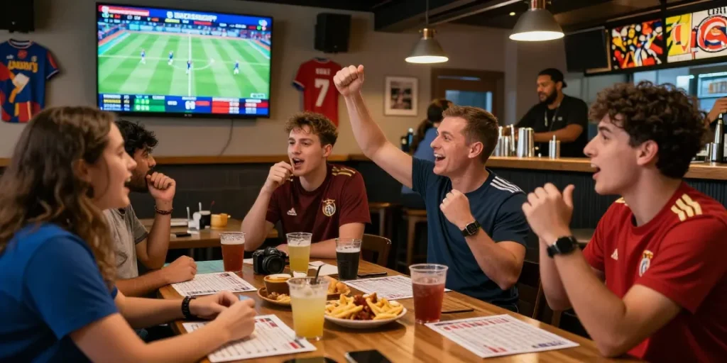 Fans engaged in SBOBET betting excitement for World Cup 2026 at a lively sports bar.