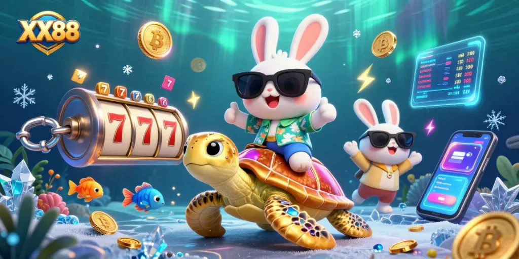 Engage with slot games at XX88, featuring lucky characters amid vibrant casino elements.