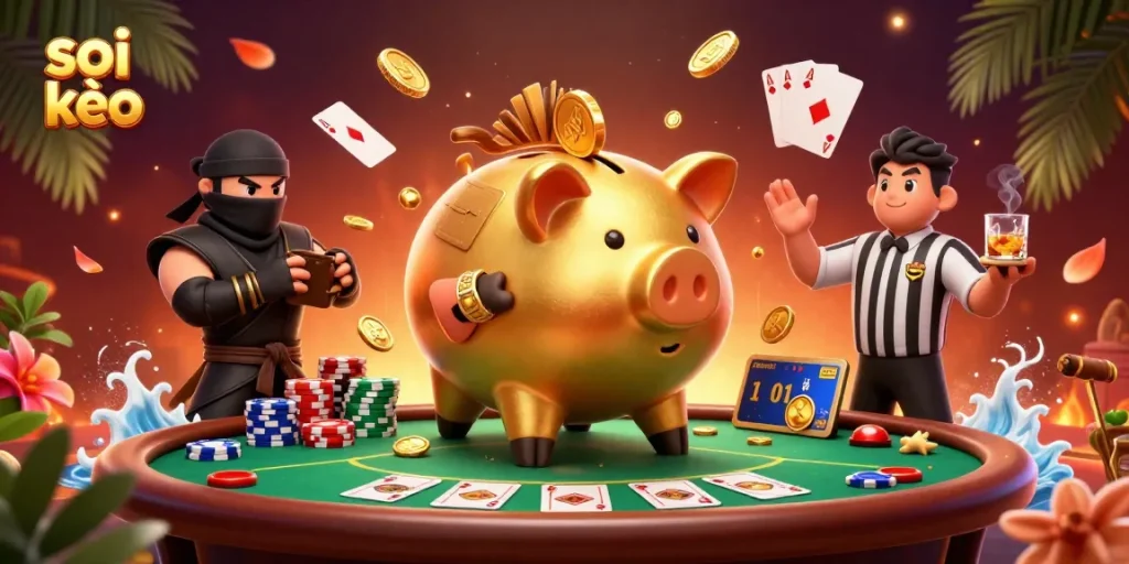Experience thrilling soi kèo action with cartoon characters surrounded by dynamic poker elements.