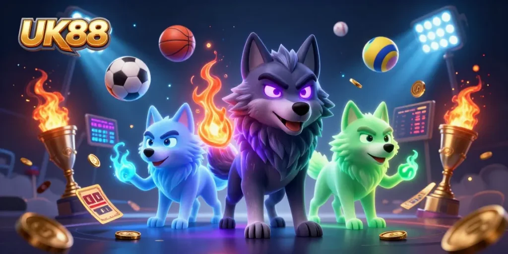 Experience excitement with UK88 as dynamic sports elements surround ghostly wolves.