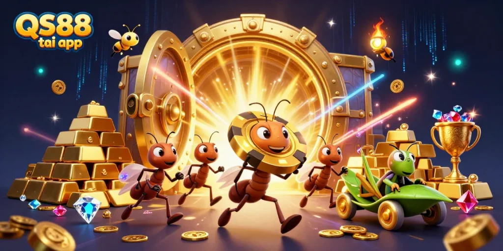 Play to win with QS88 tai app while enjoying a vibrant heist-themed adventure in this engaging illustration.