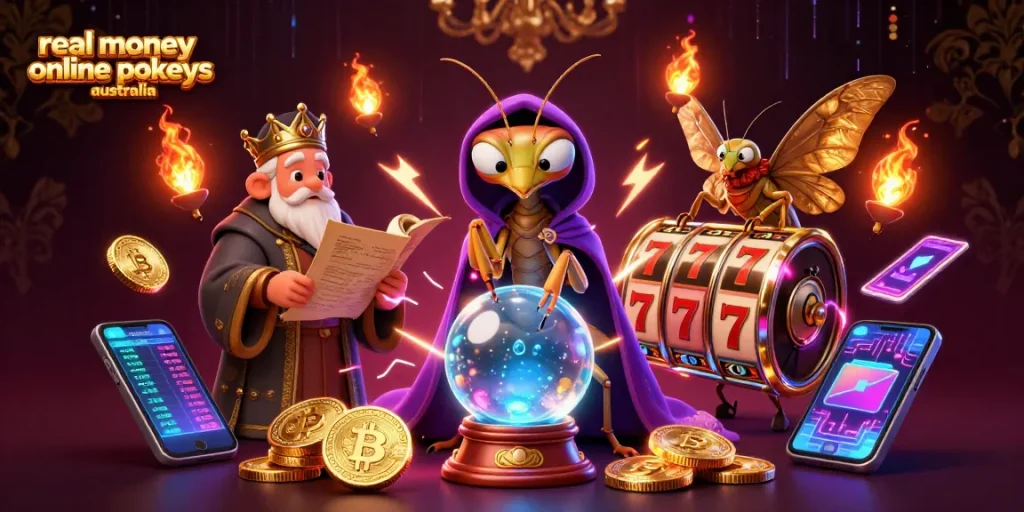 Spin to win with real money online pokies Australia - vibrant 3D illustration showcasing lucky symbols and fortune tellers.