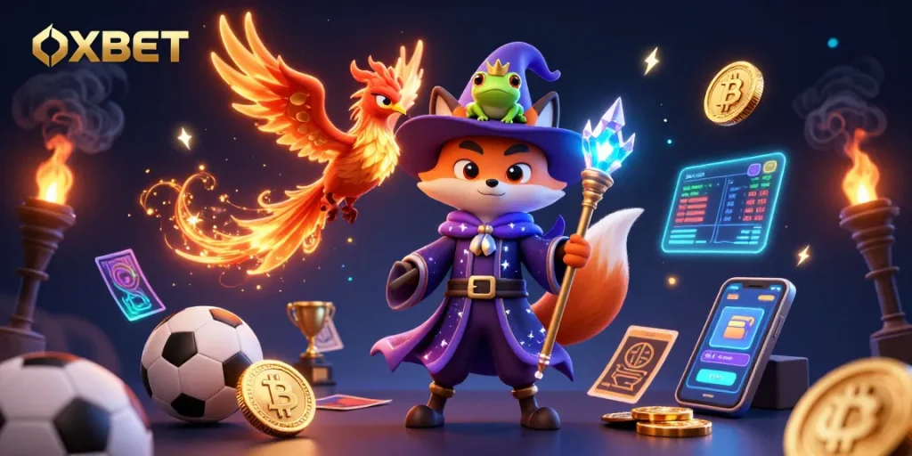 Bet with OXBET as a mystical wizard fox and a phoenix illuminate the enchanted sports betting scene.