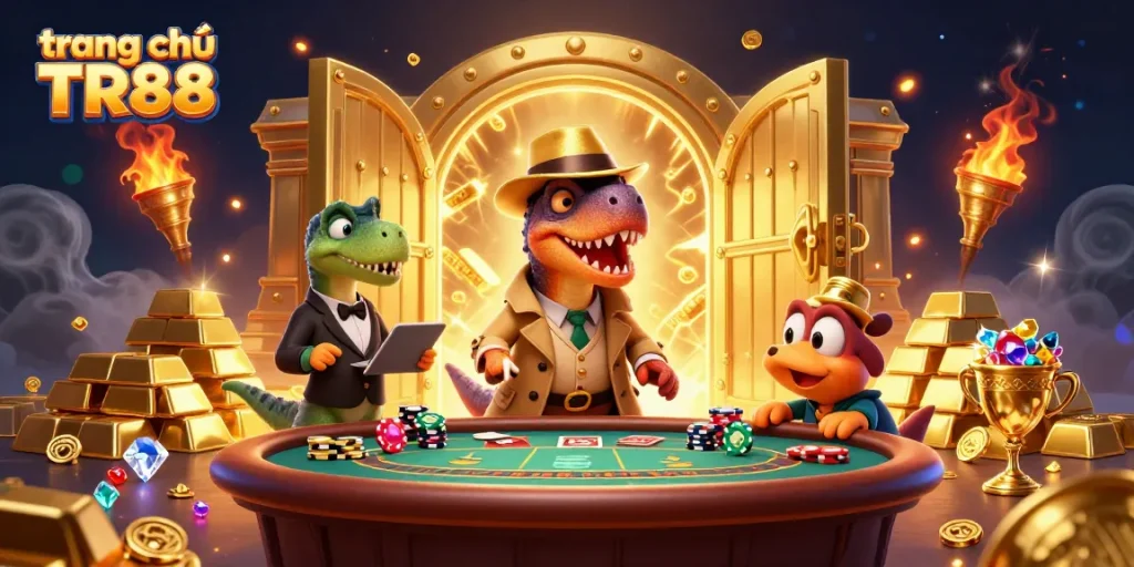 Engaging scene from trang chủ TR88 with a cartoon velociraptor at a blackjack table amidst gold treasures.