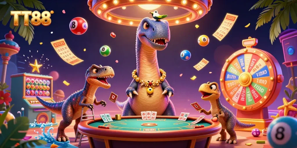 Engage in the thrilling world of TT88 with colorful lottery elements and a playful dinosaur scene.