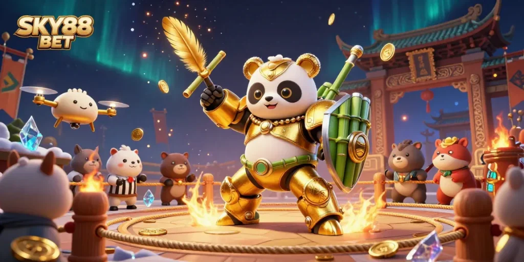Experience the thrill of the SKY88 BET arena with a dynamic mech-suit panda battling amidst exciting gaming elements.
